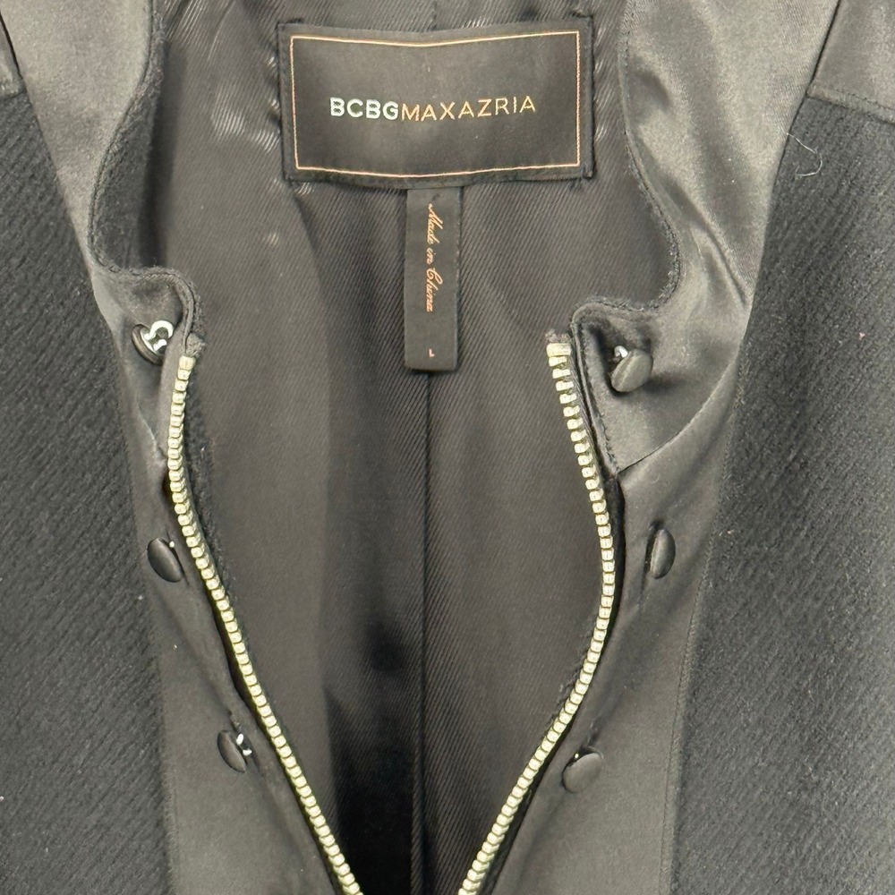 BCBGMAXAZRIA Black Wool Blend Peplum Jacket Satin Trim Zip Front Womens Large - Picture 4 of 7